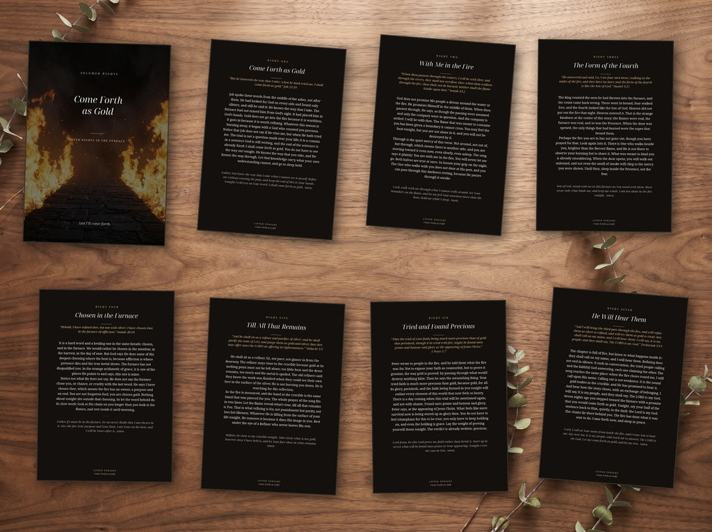 The seven night devotional shown as printed cards on a table