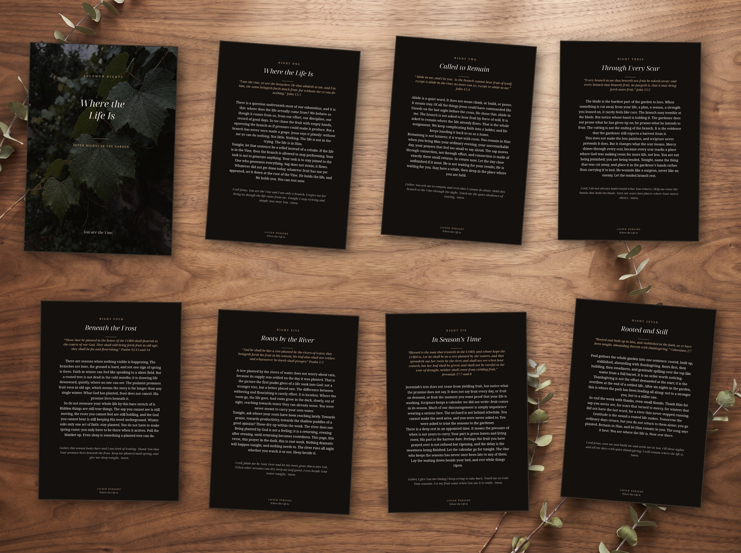The seven night devotional shown as printed cards on a table