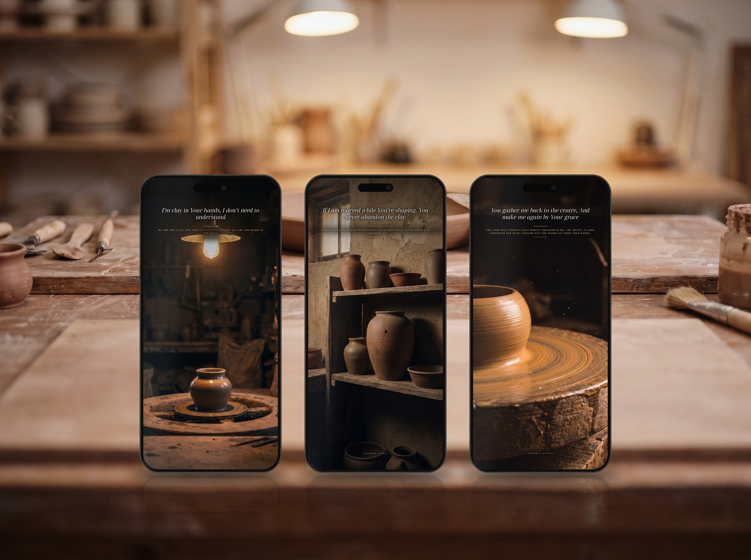 All three phone wallpapers from this set shown on three phones